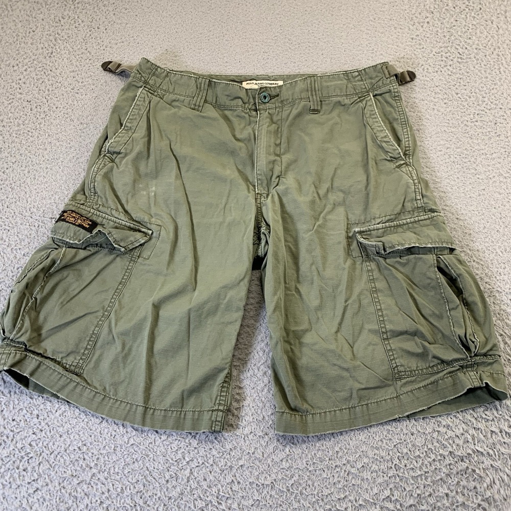 Paco Jeans Cargo Shorts Mens 33‎ Green Military 12" Inseam Ripstop Distressed
